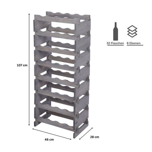 Weinregal VINOTECA FLEX PRO HxBxT 107x46x28cm 32 Flaschen auf 8 Ebenen Massives Kiefernholz Grau