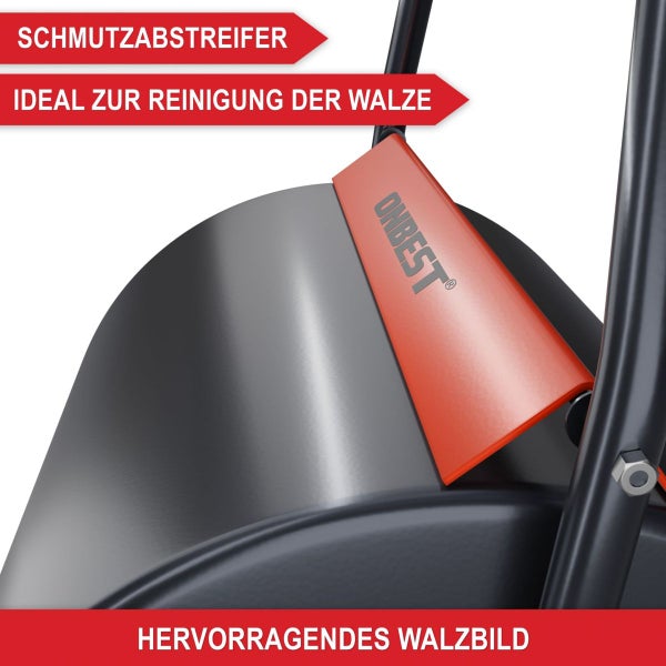 Gartenwalze von Onbest mit Onbest Logo und Schmutzabstreifer zur Reinigung der Walze für ein gleichmäßiges Ergebnis.