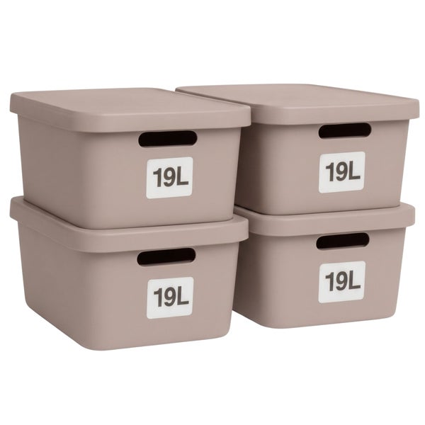 Set aus vier Kunststoff Aufbewahrungsboxen mit Deckel und einem Fassungsvermögen von jeweils 19 Litern zur Organisation.
