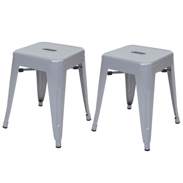 Zwei graue Barhocker aus Metall mit quadratischer Sitzfläche