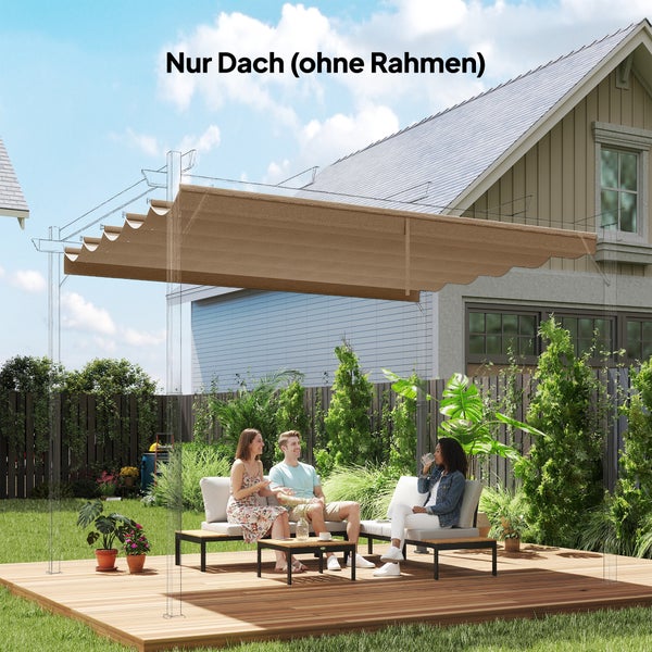 Ersatzdach für Pergola in einem Garten auf einer Holzterrasse mit Gartenmöbeln, Lieferung ohne Rahmen.