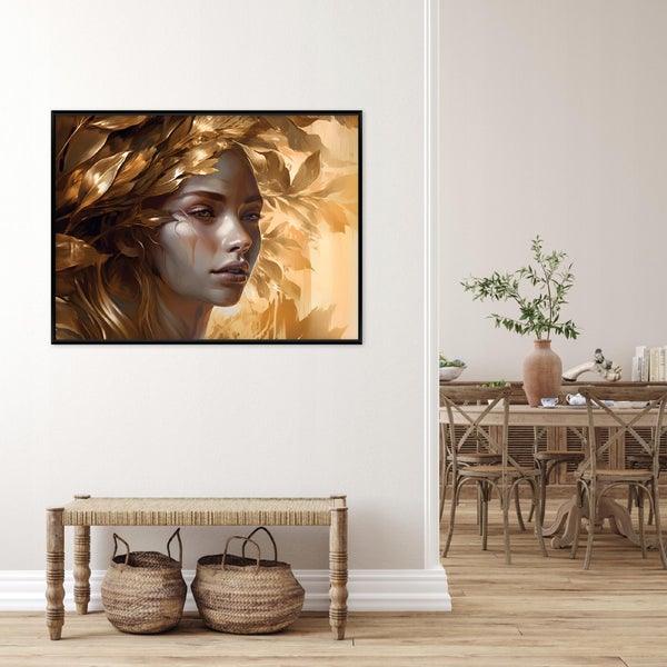 Wandbild mit Porträt einer Frau umgeben von Blättern in einem modern eingerichteten Wohnbereich mit Holzbank und geflochtenen Körben.