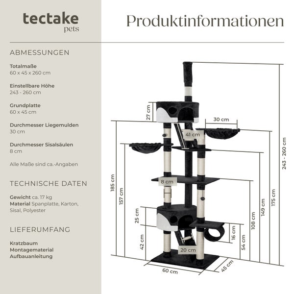 Kratzbaum tectake Hansi inklusive 2 Treppen, 2 Spielbällen, Deckenspanner und Kippschutz 243 bis 260 cm schwarz/weiß
