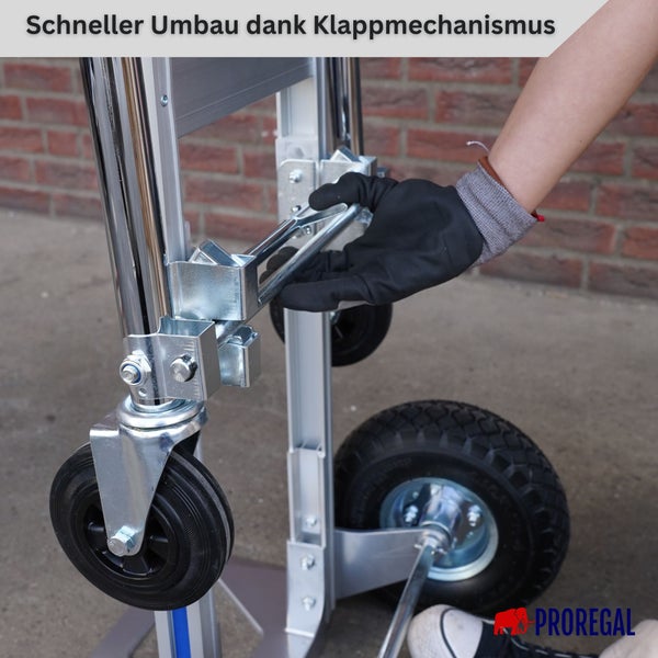 Sackkarre mit Klappmechanismus, Hand mit Handschuh betätigt Hebel zum Umbau, Proregal Logo