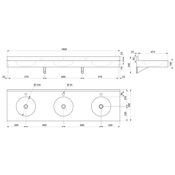 Maßzeichnung für einen Dreifachwaschtisch mit einer Breite von 1800 Millimetern und einer Tiefe von 500 Millimetern.