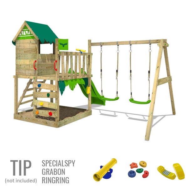 FATMOOSE Spielturm Klettergerüst JazzyJungle mit Schaukel und Rutsche, Spielhaus mit Sandkasten, Leiter und Spiel-Zubehör - rot