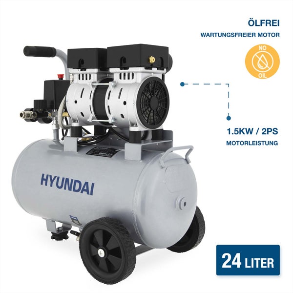 Grauer Hyundai Kompressor, ölfrei, wartungsfreier Motor mit 1,5 Kilowatt und 2 Pferdestärken, 24 Liter Tankinhalt.