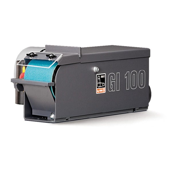 Stationäre Bandschleifmaschine Grit GI 100 von Fein mit grauem Metallgehäuse und blauem Schleifband.