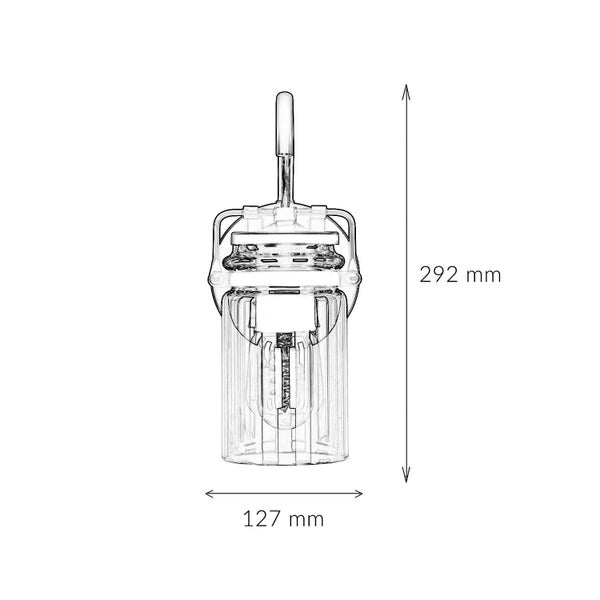 Maße einer transparenten Pendelleuchte mit einer Höhe von 292 Millimetern und einer Breite von 127 Millimetern.
