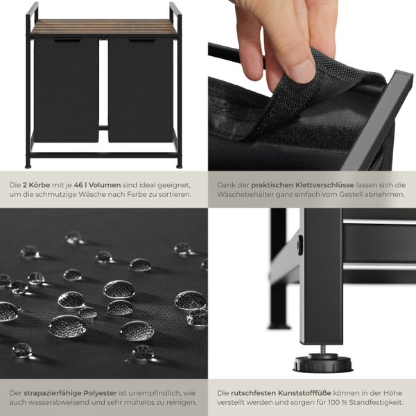 Wäschesortierer tectake  höhenverstellbare Kunststofffüße Industrial-Style, 2 oder 3 ausziehbare Fächer schwarz/braun