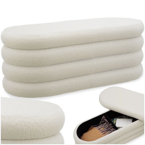 Ovale Sitzbank mit Stauraum aus weißem Bouclé-Stoff mit mehrlagigem Design.