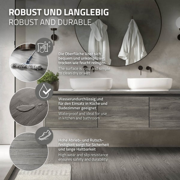 ML-Design Deluxe PVC Bodenbelag, Selbstklebende Vinyl-Dielen, Vinylboden, 91,5 cm x 15,3 cm x 2 mm, Dicke 2 mm, 6,69m²/48 Dielen, Eiche, Grau, Holzoptik, rutschfest, wasserfest, Einfache Verlegung