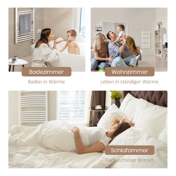 EMKE Elektrischer Badheizkörper 750×600 mm, 300 W, Runder Handtuchwärmer mit Heizstab & Thermostat, Temperaturregelbar & Timer, Weiß, für Badezimmer
