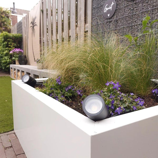 Zwei runde Außenstrahler montiert an einem Pflanzkübel mit Ziergräsern und Blumen in einem modern gestalteten Garten.