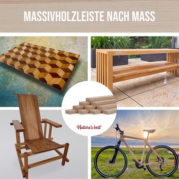 Massivholzleisten nach Maß: Schneidebrett mit Würfelmuster, Holzregal für den Außenbereich, Holzstühle und Holzfahrrad.