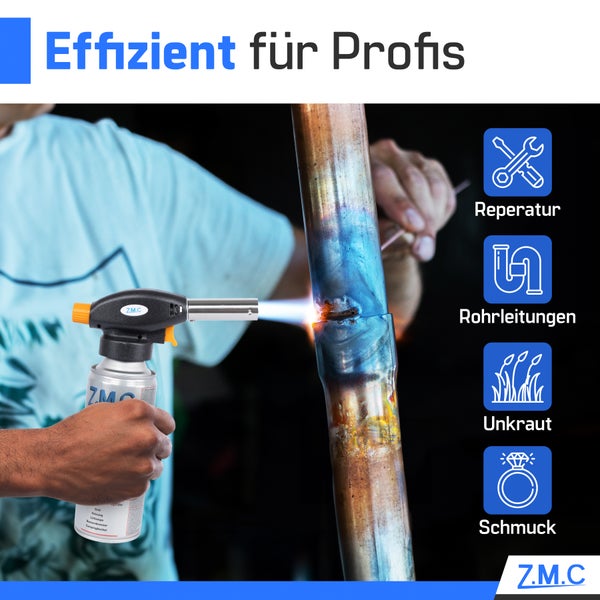 Z.M.C Gasbrenner + 8x Gaskartuschen 227g, Flambierbrenner Temperatur bis zu 1300°C, Schweißbrenner mit Piezo-Zündung, Bunsenbrenner Lötbrenner 1,3 KW, Brenneraufsatz mit einstellbarer Flamme