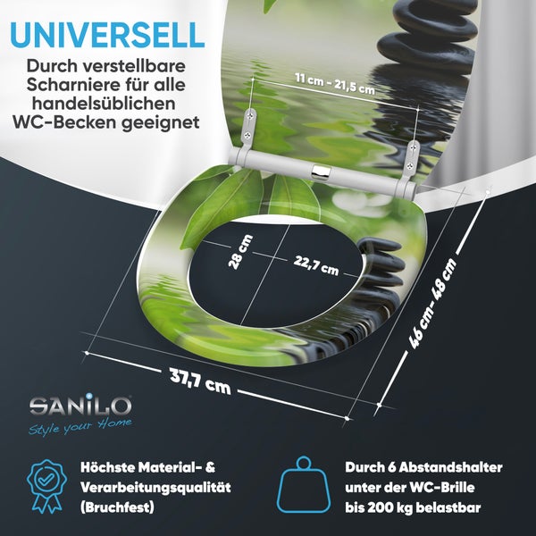 Toilettensitz mit Naturmotiv, inklusive Montagematerial, Montage von oben, für Lochabstände von 11 bis 21,5 Zentimeter. Sanilo Logo.