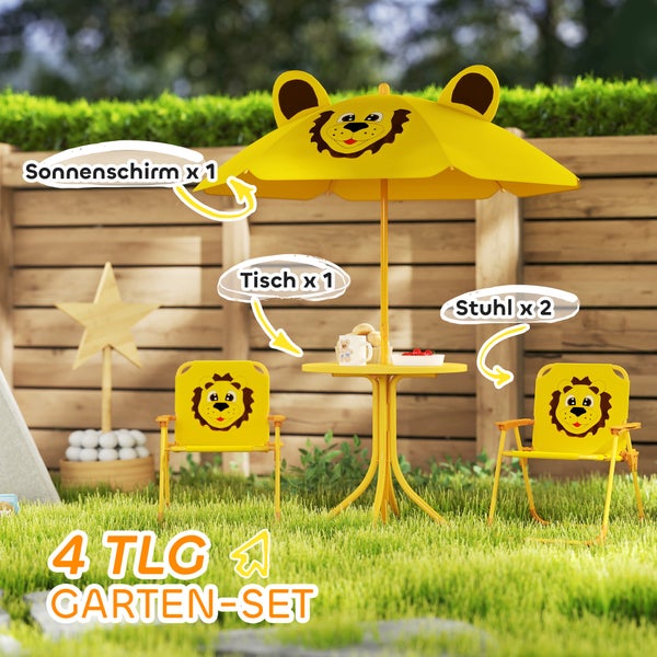 Gelbes Gartenmöbelset für Kinder mit Sonnenschirm, Tisch und zwei Stühlen, verziert mit einem Löwenmotiv