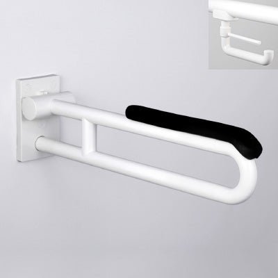 Weißer, klappbarer Wandhaltegriff mit schwarzer Armauflage und integriertem Toilettenpapierhalter.