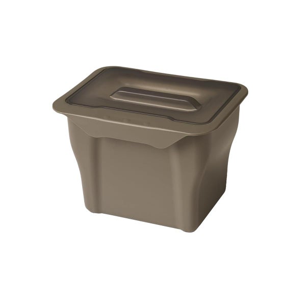 Kunststoff-Aufbewahrungsbox mit Deckel, Farbe Taupe.
