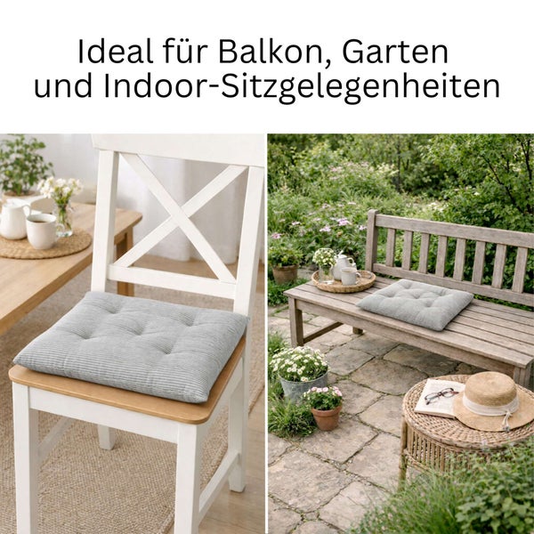 Gestreiftes graues Sitzkissen auf einem Stuhl und einer Gartenbank, geeignet für den Innen- und Außenbereich.