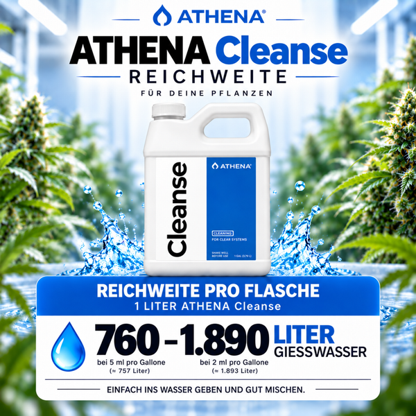 Athena Cleanse Reinigungsmittel für Bewässerungssysteme in einer ein Gallone Flasche mit Reichweitenangabe für Pflanzengießwasser.