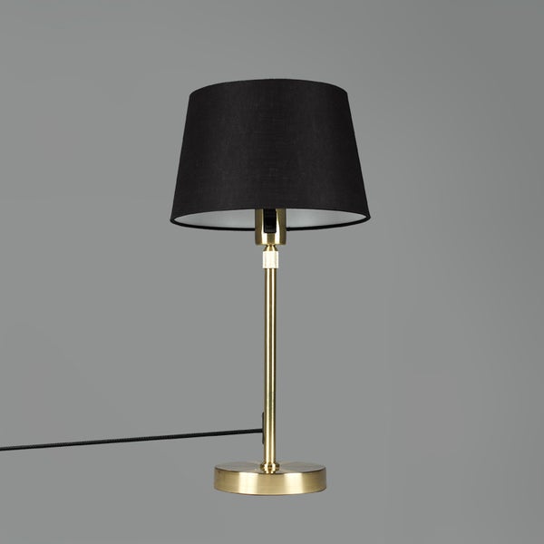 Tischleuchte mit schwarzem Lampenschirm und goldenem Gestell