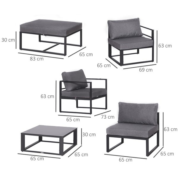 Outsunny 6-tlg. Gartenset Gartengarnitur Gartensofaset Sitzgruppe Gartenmöbel Aluminium + Polyester + Hartglas Grau mit Kissen für 4–5 Personen