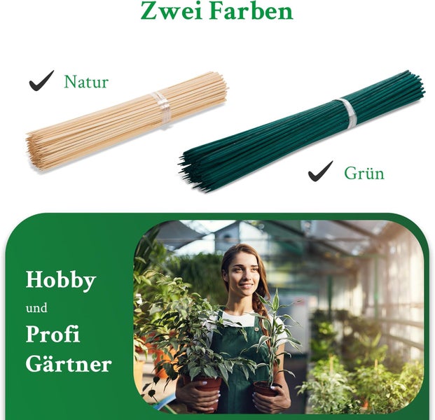 Bambus-Pflanzstäbe in den Farben Natur und Grün für Hobby- und Profigärtner, dargestellt in einem hellen Gewächshaus.
