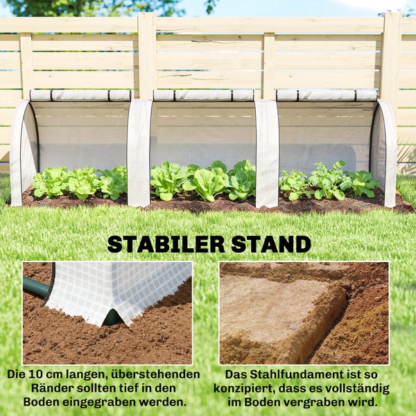 Foliengewächshaus im Garten mit Detailansichten zur Befestigung der 10 Zentimeter langen Ränder und des Stahlfundaments im Boden.