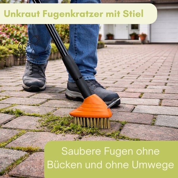 Unkraut Fugenkratzer mit Stiel im Einsatz auf Pflastersteinen
