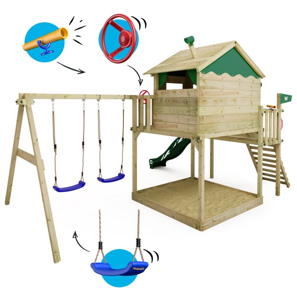 WICKEY Spielturm Klettergerüst Smart Coast mit Schaukel und Rutsche, Stelzenhaus mit Sandkasten, Kletterleiter und Spiel-Zubehör - grün