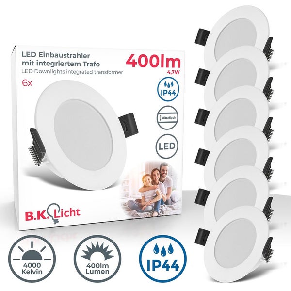 Einbaustrahler 68mm 6er Set - 230V, 4W, 346lm, LED, IP44, neutralweiß, weiß