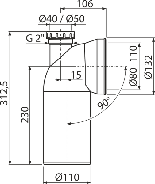 Technische Zeichnung eines 90 Grad Abflussrohrbogens mit detaillierten Maßangaben in Millimetern und Zoll.