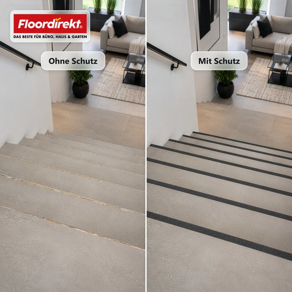 Vergleichsbild einer Treppe ohne und mit rutschfestem Treppenschutzstreifen von Floordirekt Logo zur Sturzprävention.