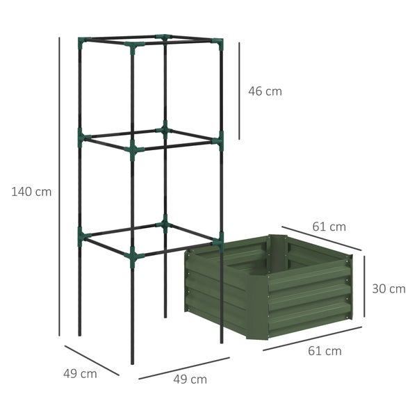 Outsunny Hochbeet mit Rankhilfe, Blumenkasten mit Offenem Boden, Gemüsebeet, Pflanzkasten, Kräuterbeet für Garten, Balkon, Verzinkter Stahl, Grün, 61 x 61 x 140 cm