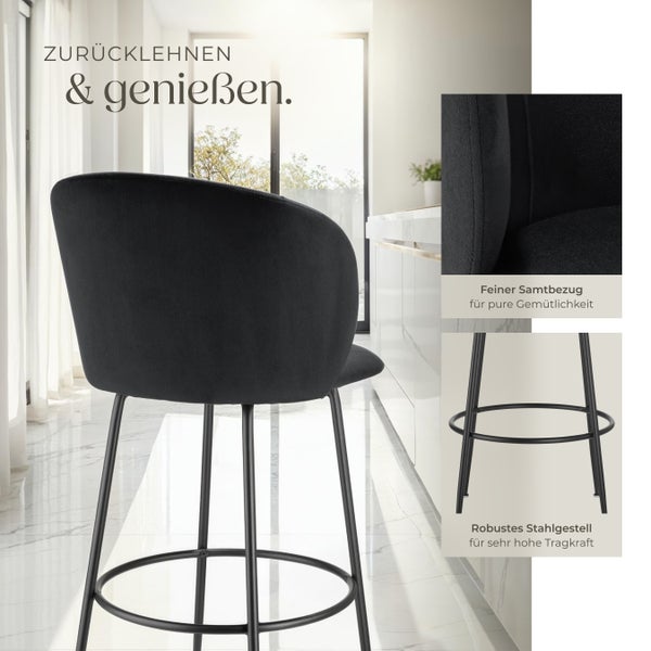 Barstuhl tectake Luana 51 x 60 x 106 cm, Belastbarkeit 120 kg in Samtoptik, gepolstert schwarz/schwarz