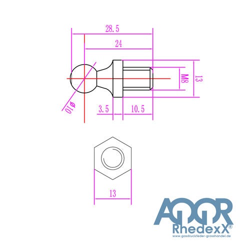 Technische Zeichnung Kugelzapfen M8 mit 10 Millimeter Kugelkopf, Gesamtlänge 28,5 Millimeter, Schlüsselweite 13. Rhedexx Logo.