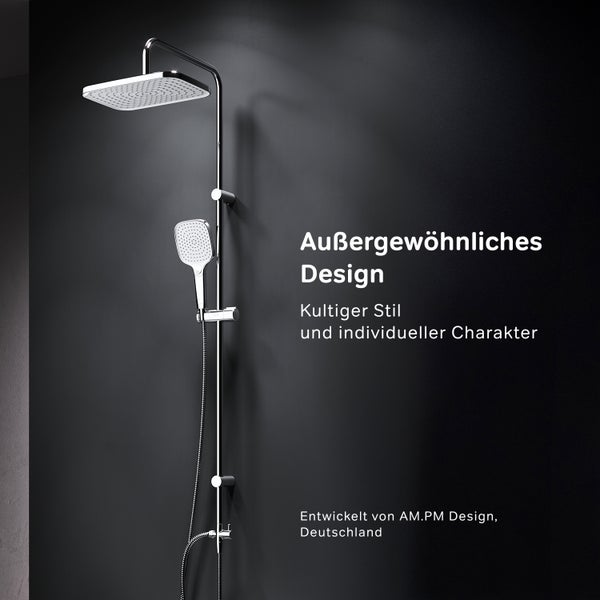Duschsystem mit quadratischem Kopf- und Handbrausekopf aus Metall, entwickelt von AM.PM Design Deutschland.