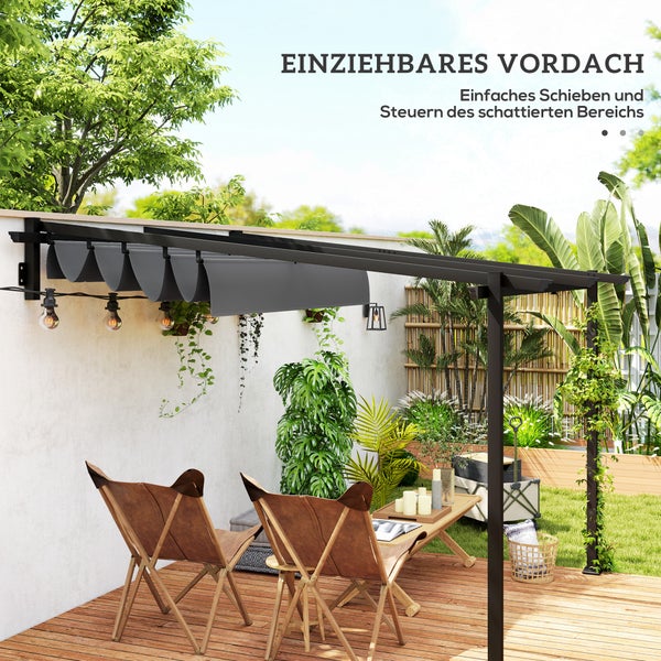Outsunny Terrassendach Pergola ca. 3x3m Terrassendachung, Garten Pavillon aus Aluminium, Wandmontage, Gartenpavillon mit Verstellbares Dach, Sonnenschutz für Terrasse und Garten, Dunkelgrau