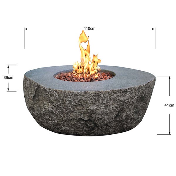 Gas-Feuerstelle in Natursteinoptik, Breite 110 Zentimeter, Sockelhöhe 41 Zentimeter, Gesamthöhe mit Flamme 89 Zentimeter.