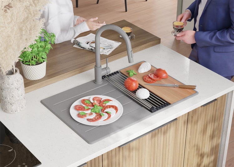PRIMAGRAN Spülbecken Grau 78x50cm, Granitspüle 1 Becken + Ablauf-Set + Schneidebrett, Küchenspüle ab 45er Unterschrank - Kopenhagen