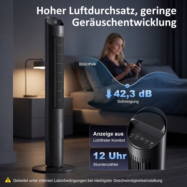 Schwarzer Turmventilator im Schlafzimmer mit Informationen zu 42,3 Dezibel Lautstärke, 12-Stunden-Timer und Display-Ausschaltfunktion.