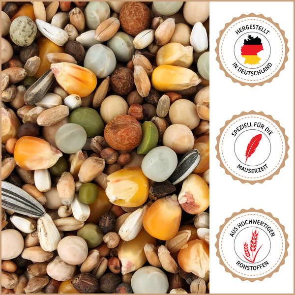 Nahaufnahme von Vogelfutter mit den Symbolen Hergestellt in Deutschland, Speziell für die Mauserzeit und Aus hochwertigen Rohstoffen