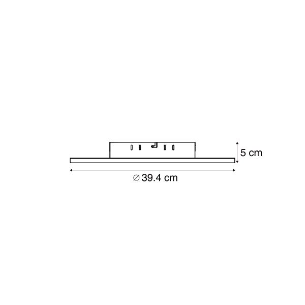 Technische Zeichnung einer runden Deckenleuchte mit einem Durchmesser von 39,4 Zentimeter und einer Höhe von 5 Zentimeter.