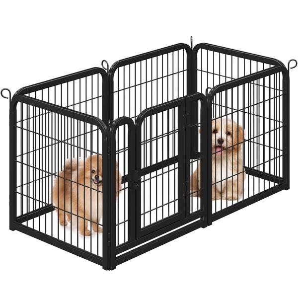 Schwarzer Metalllaufstall mit zwei Hunden darin