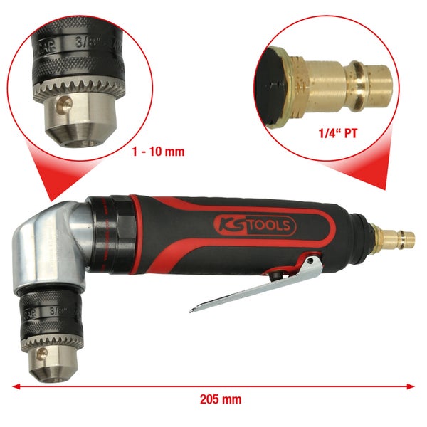 KS Tools Druckluft-Bohrmaschine mit einem Bohrfutter von 1 bis 10 Millimeter, einer Größe von 205 Millimeter und einem 1/4-Zoll-PT-Anschluss