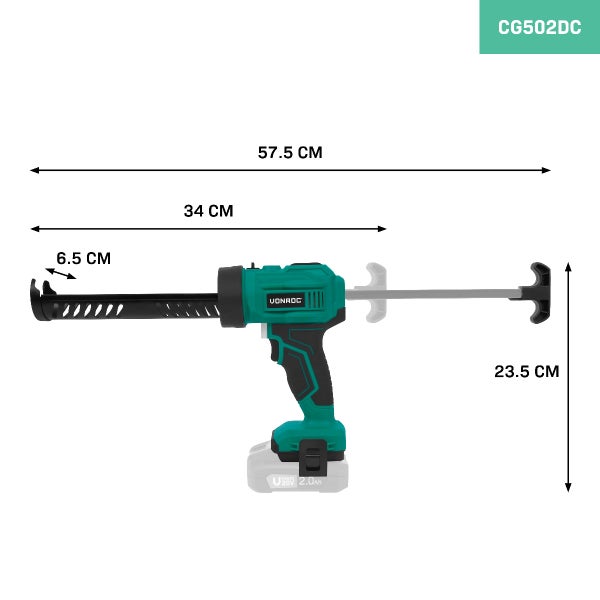 Akku Kartuschenpistole von Vonroc mit 20 Volt Akku und Maßangaben zur Übersicht der Produktabmessungen.