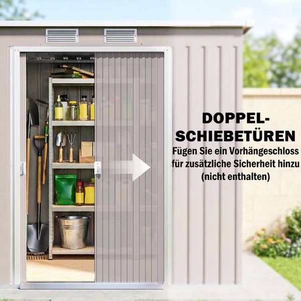 Gerätehaus aus Metall mit geöffneten Doppelschiebetüren und Regalsystem im Innenraum für Gartengeräte.