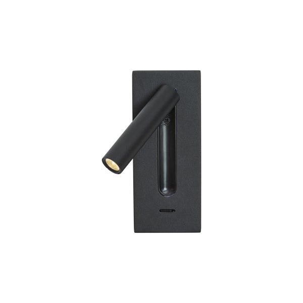 Moderne, schwarze LED-Wandleuchte mit verstellbarem Spot und integriertem USB-Anschluss.